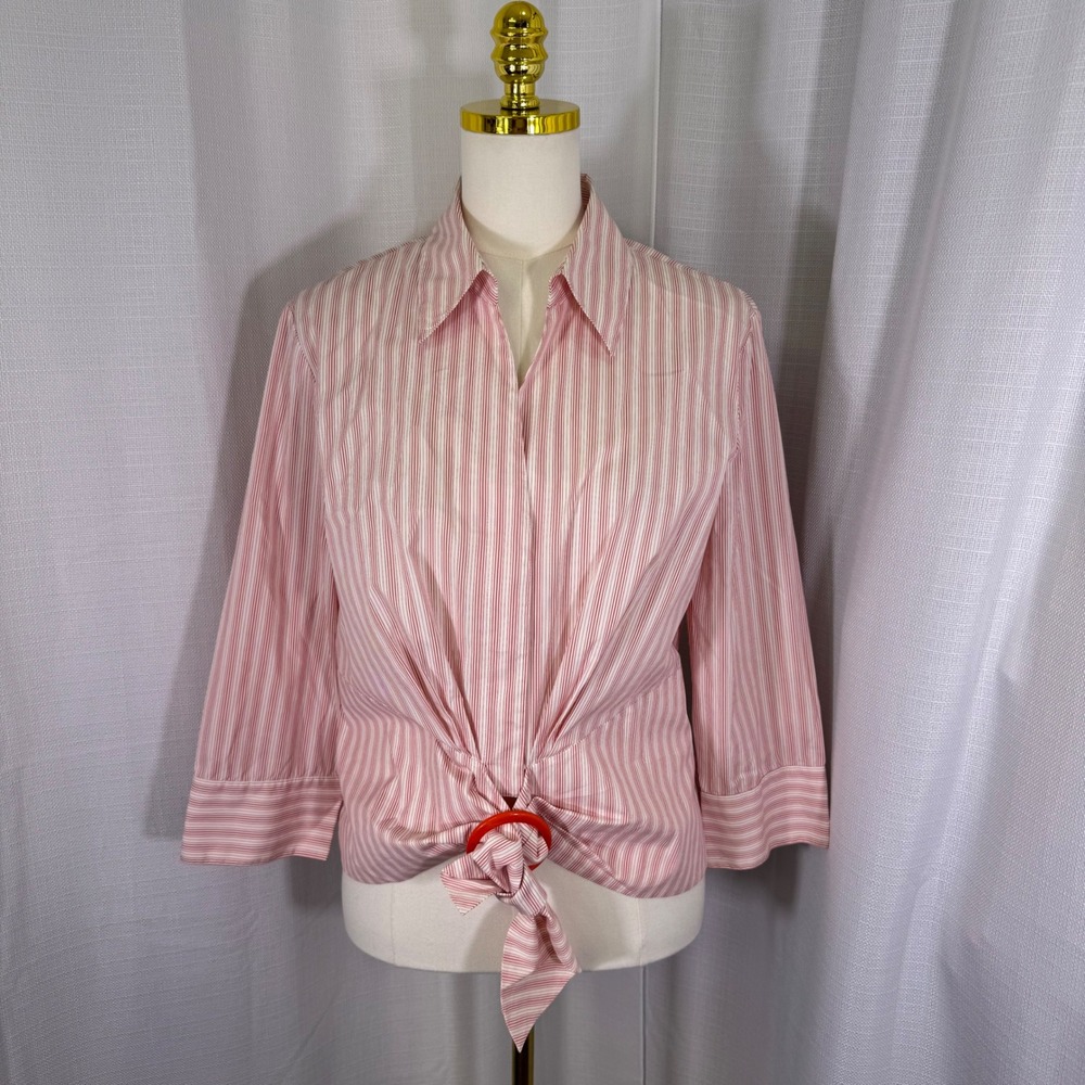 NWOT Lafayette 148 New York Striped Tie Front Ring Shirt US 12 Red White Preppy